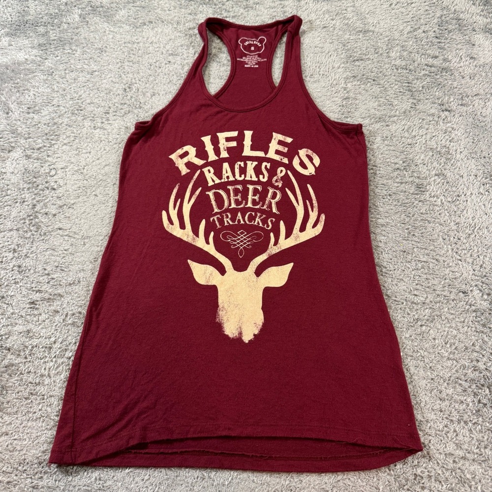 Color Bear Women Rifles Racks Deer Tracks Tank Top S Burgundy Graphic Racerback